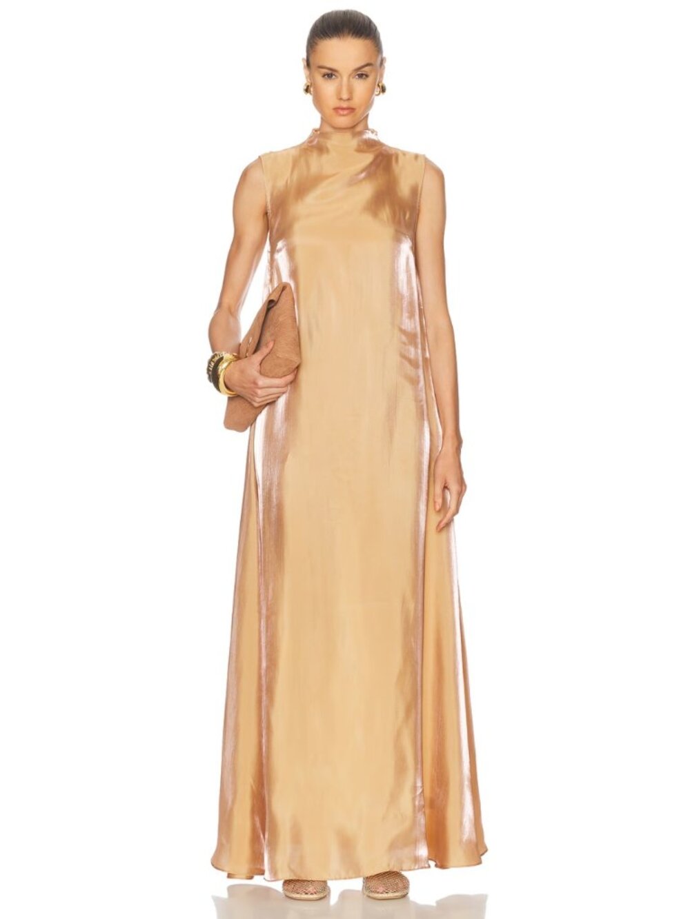 STAUD Araya Iridescent Mock Neck Maxi Dress Tan Size 2
